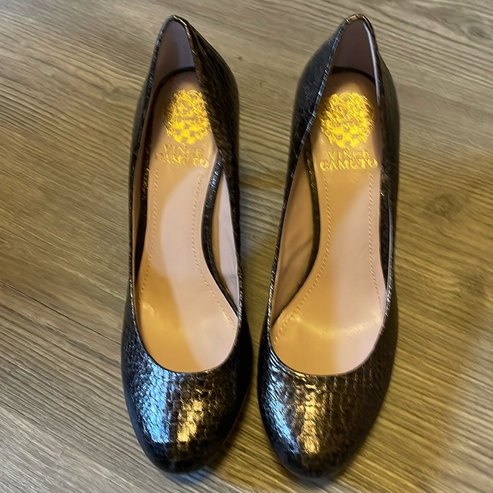 Vince Camuto Zelle Bronze Reptile Embossed Leather Platform Pumps